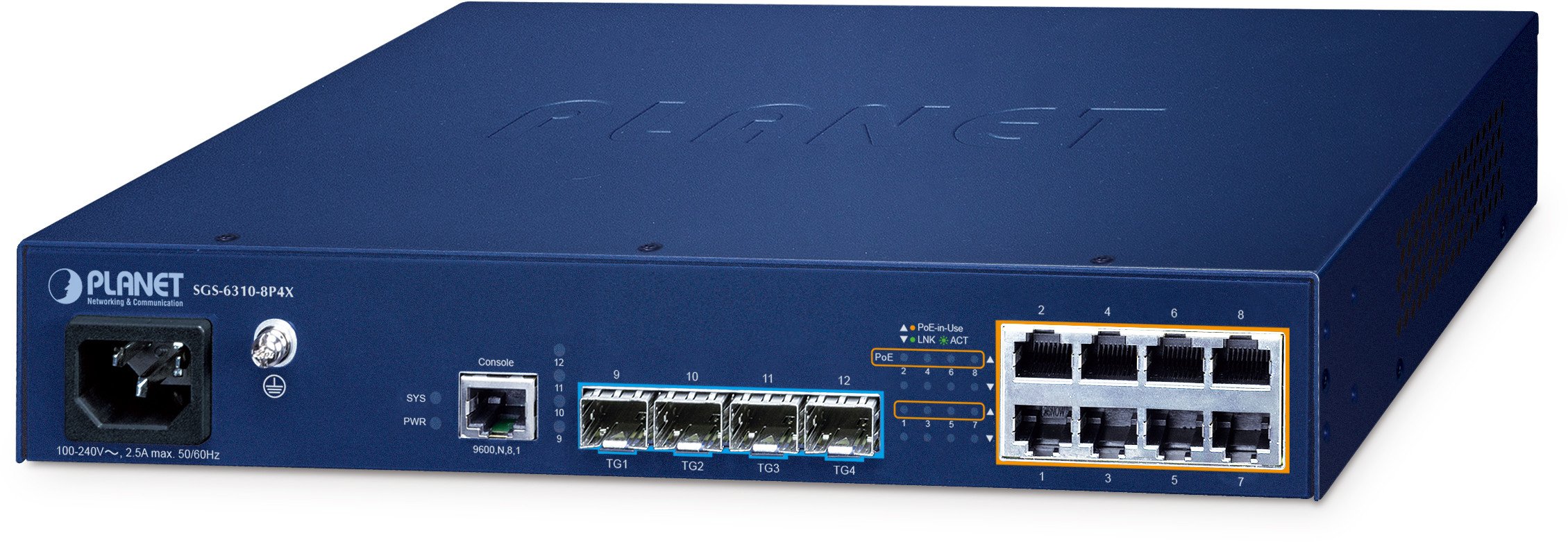 PLANET SGS-6310-8P4X łącza sieciowe Zarządzany L3 Gigabit Ethernet (10/100/1000) Obsługa PoE Niebieski