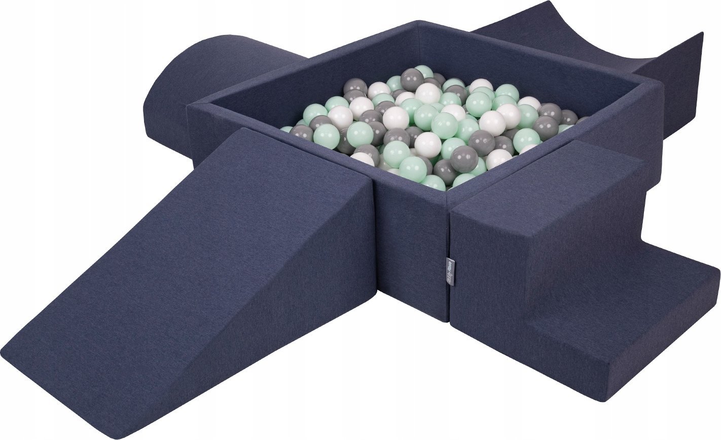 KiddyMoon Piankowy plac zabaw PPZP-KW30D-115 z piłeczkami granatowy: biały-szary-mięta basen 300/klin L/rampa L/półwałek L/schodek Zabawka plac zabaw