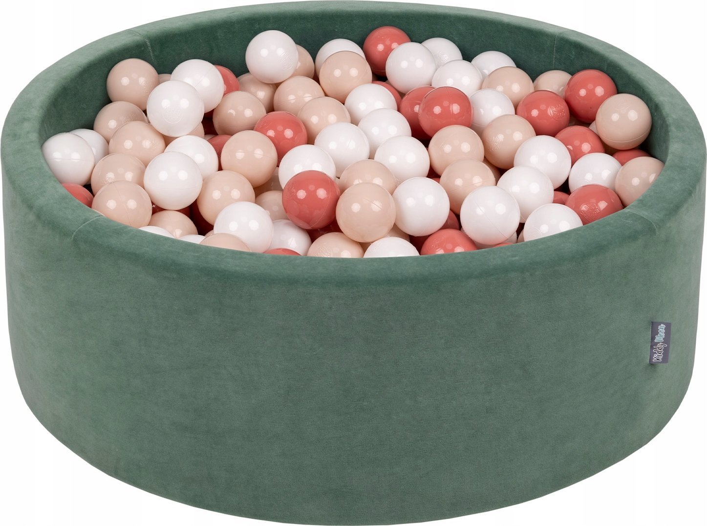 KiddyMoon Suchy basen okrągły VELVET z piłeczkami 7cm zieleń lasu: pastelowy beż-łososiowy-biały 90x30cm/300piłek Zabawka basen piankowy