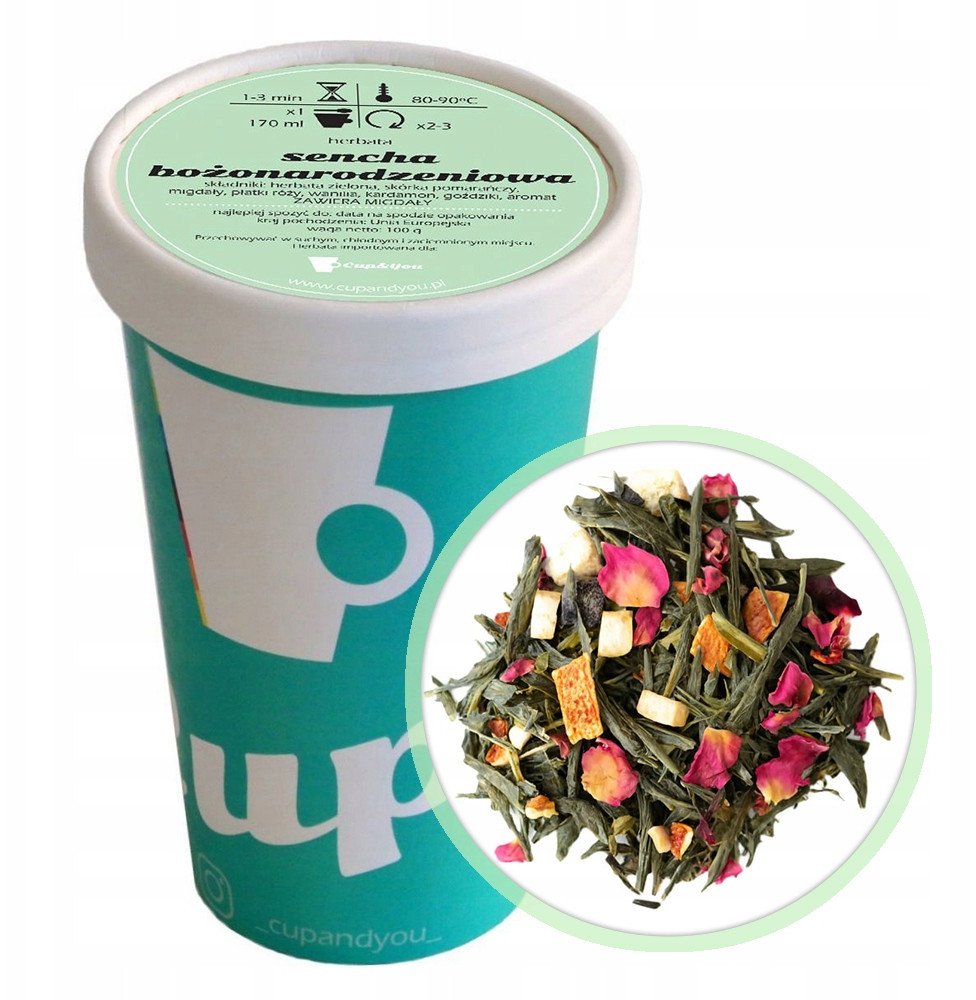 Herbata zielona SENCHA BOŻONARODZENIOWA goździki płatki róży migdały 100g - herbata liściasta sypana mieszanka napar susz