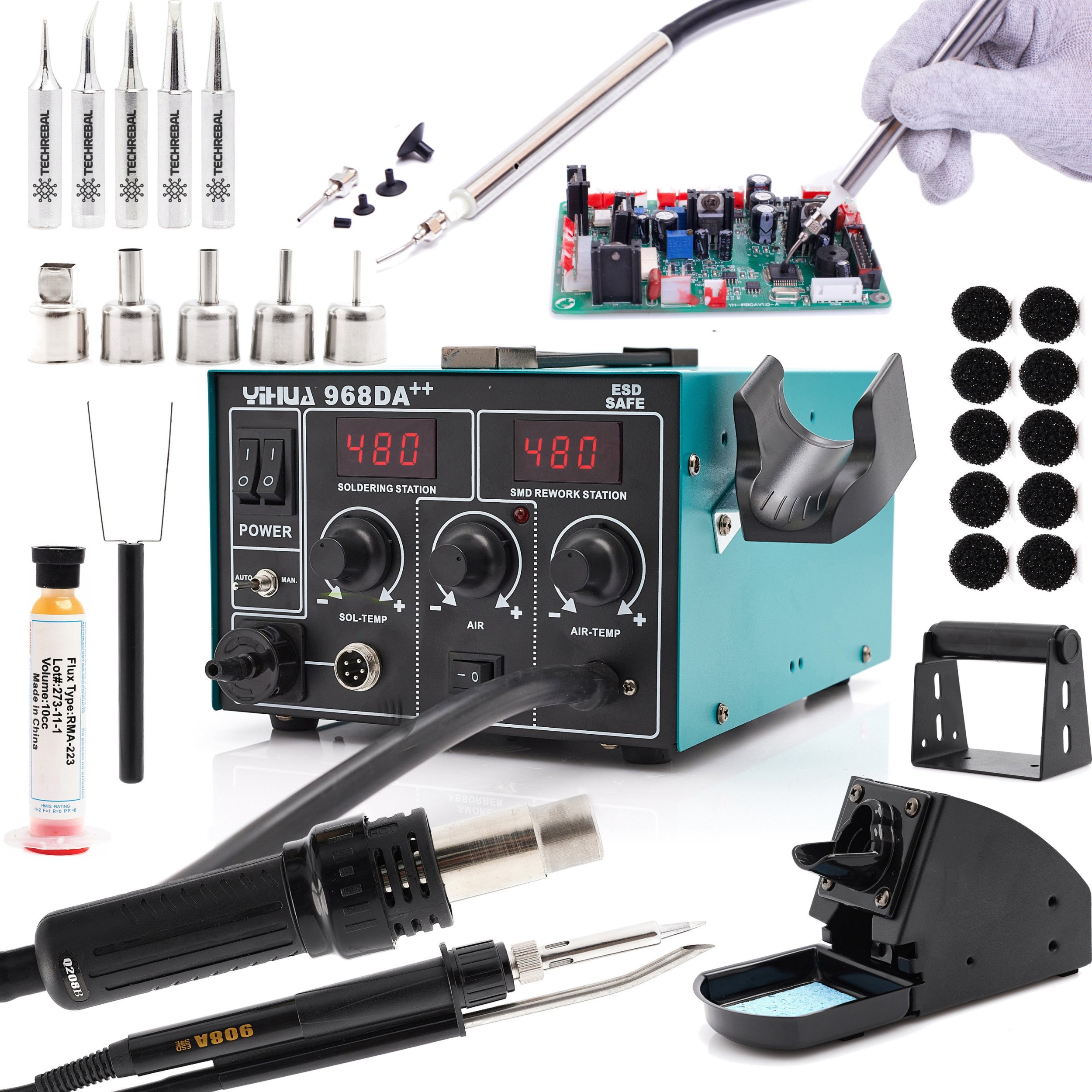 Stacja Lutownicza Kolba Grotowa Hot-Air 3w1 Yihua 968DA++ 780W Dysze Zestaw