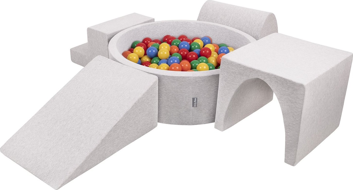KiddyMoon Piankowy plac zabaw PPZP-OK30D-125 z piłeczkami jasnoszary: żółty-zielony-niebieski-czerwony-pomarańcz basen 300/klin L/górka/tunel/schodek
