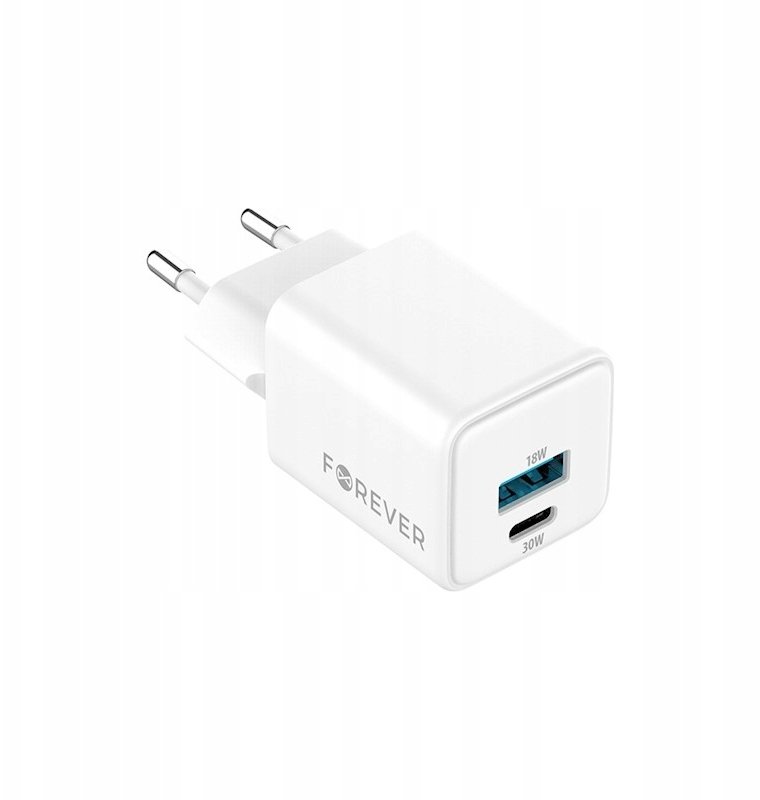 Forever ładowarka sieciowa GaN PD QC TC-08-30AC 1x USB-C 1x USB 30W biała