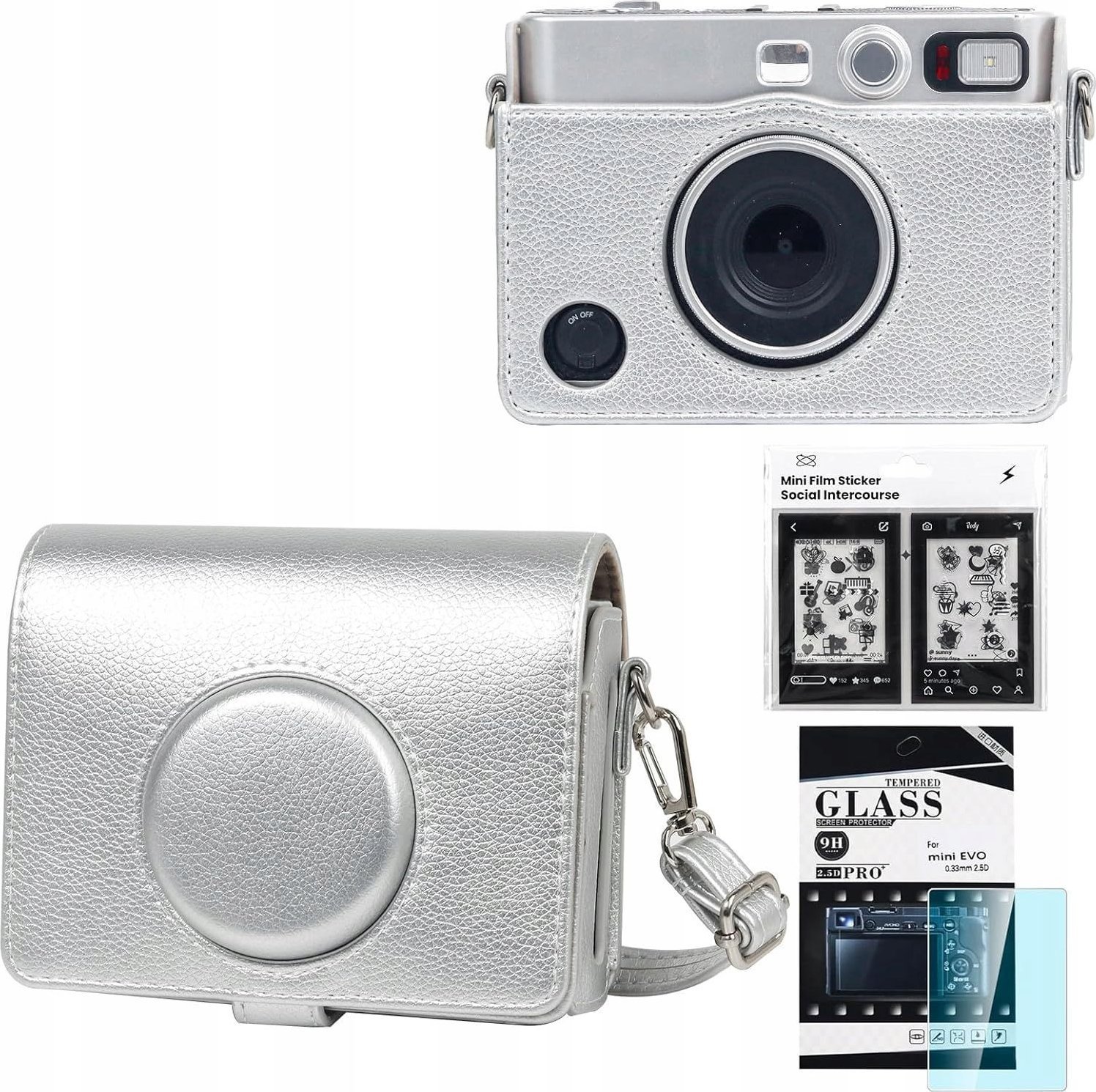 Srebrne Etui Pokrowiec Futerał + Szkło 9h + 10x Naklejki Do Fujifilm Instax Mini Evo