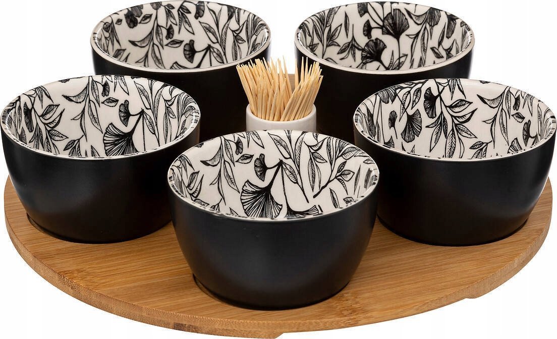 Secret de Gourmet Miseczki na przekąski FLORAL, na drewnianej tacy, 5 miseczek, 70 ml