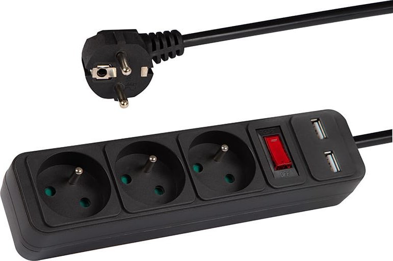 98-774# Przedłużacz sieciowy pr-370wsp/usb 3-gniazda+usb z uziemieniem+wyłącznik 1,5m czarny 3x1,5mm