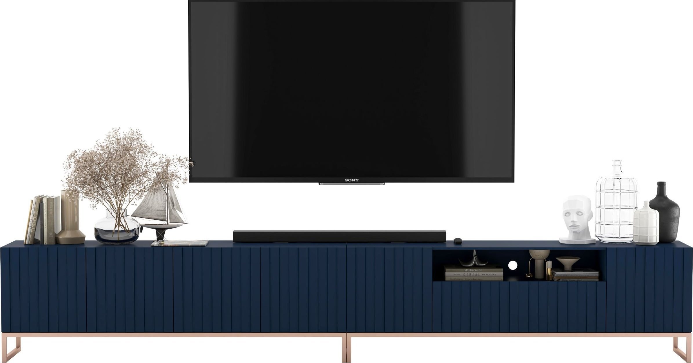 Meble Lindner Nowoczesna Szafka RTV Glamour Komoda RTV Ryflowane Fronty Granatowy Mat 300cm