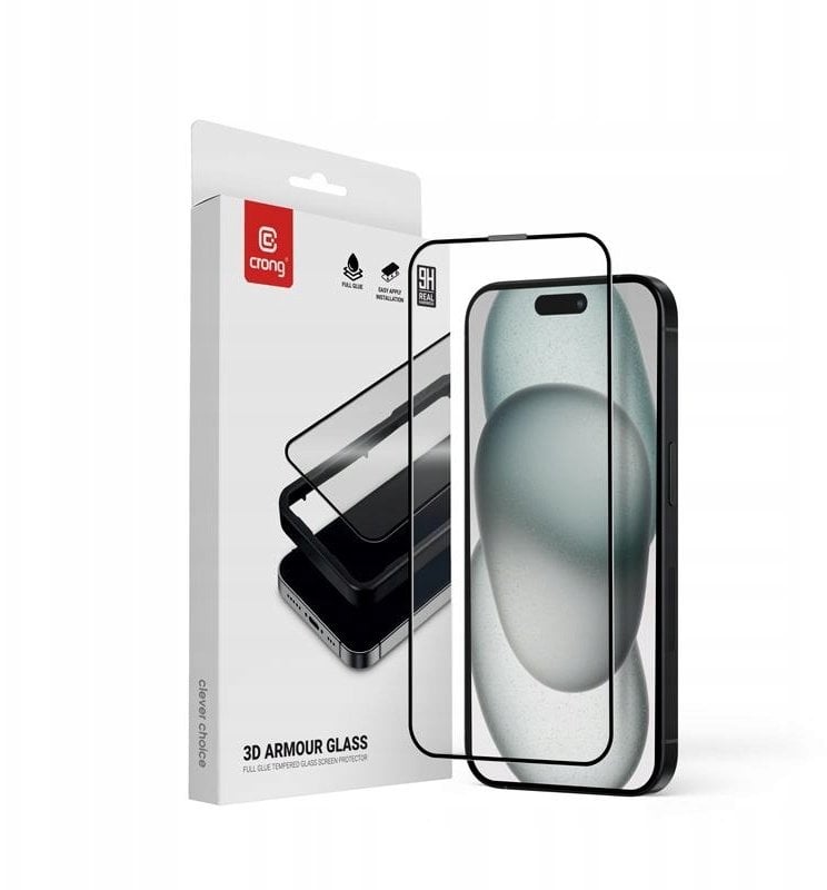 Crong 3D Armour Glass - Hartowane szkło 9H Full Glue do iPhone 16 / iPhone 15 + ramka instalacyjna