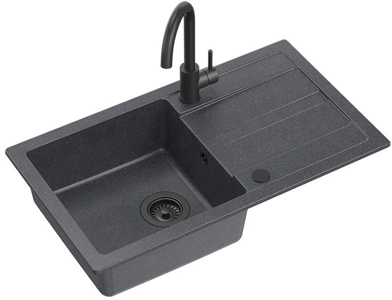 GO- MAX CZARNY zlewozmywak granitowy 1-k z/o (77x44x17,5) + bateria very black + syfon manualny z zaślepką very black