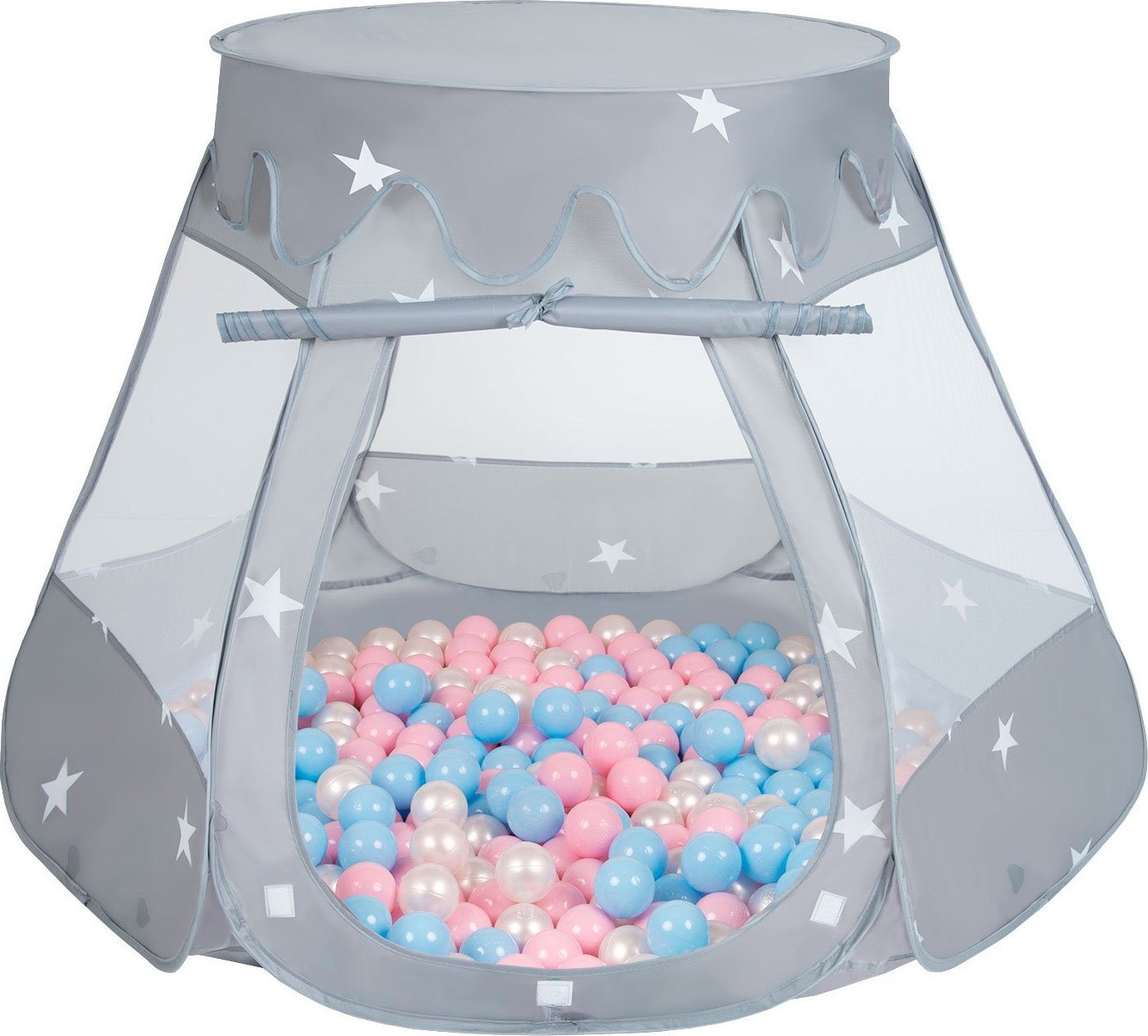 Selonis Selonis Namiot zamek NZ-100X z piłeczkami 6cm szary: babyblue-pudrowy róż-perła 105x90cm/200piłek Zabawka namiot dla dzieci
