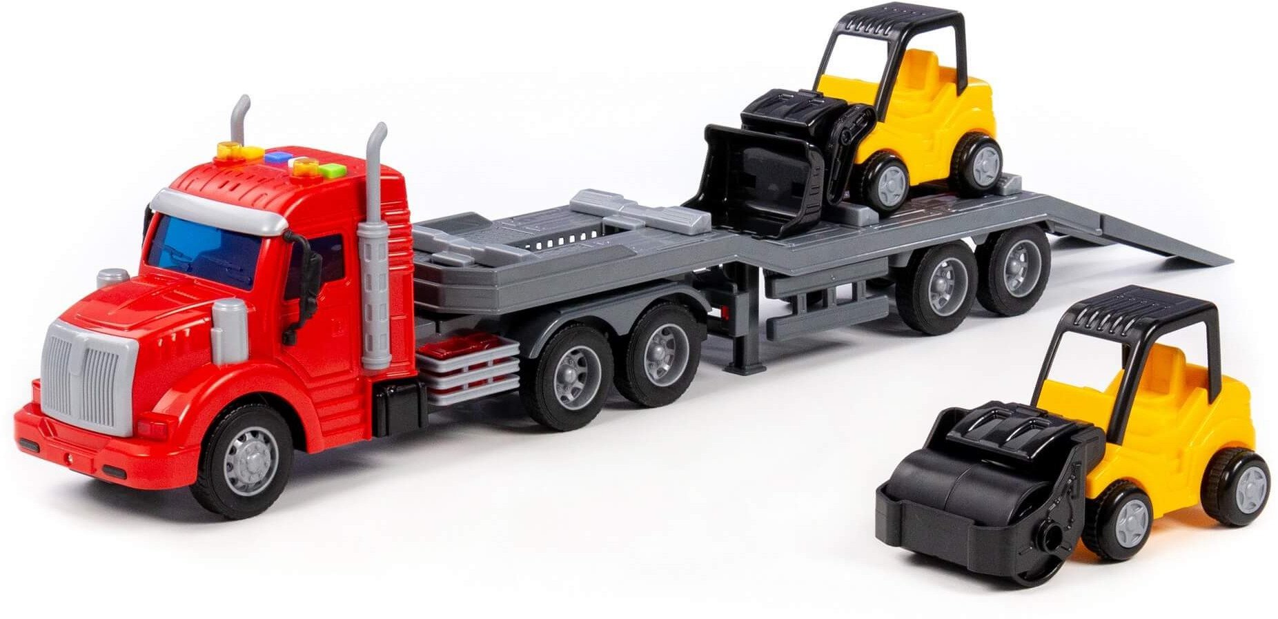 Polesie 77049 PROFI samochód z lawetą + walec Mini + ładowarka Mini