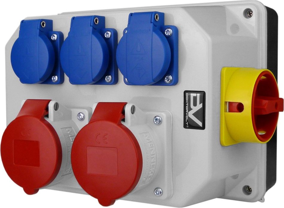 Doktorvolt Rozdzielnica budowlana z rozłącznikiem izolacyjnym 32A BAU 2x16A 3x230V Schuko Mennekes Doktorvolt 9771