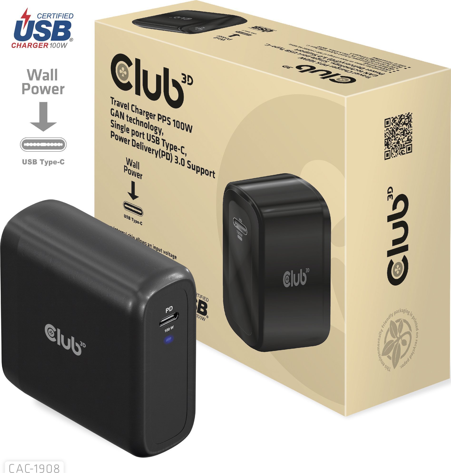 Club 3D Club3D cestovní nabíječka 100W GAN technologie, USB-IF TID certified, USB Type-C, Power Delivery(PD) 3.0 Support