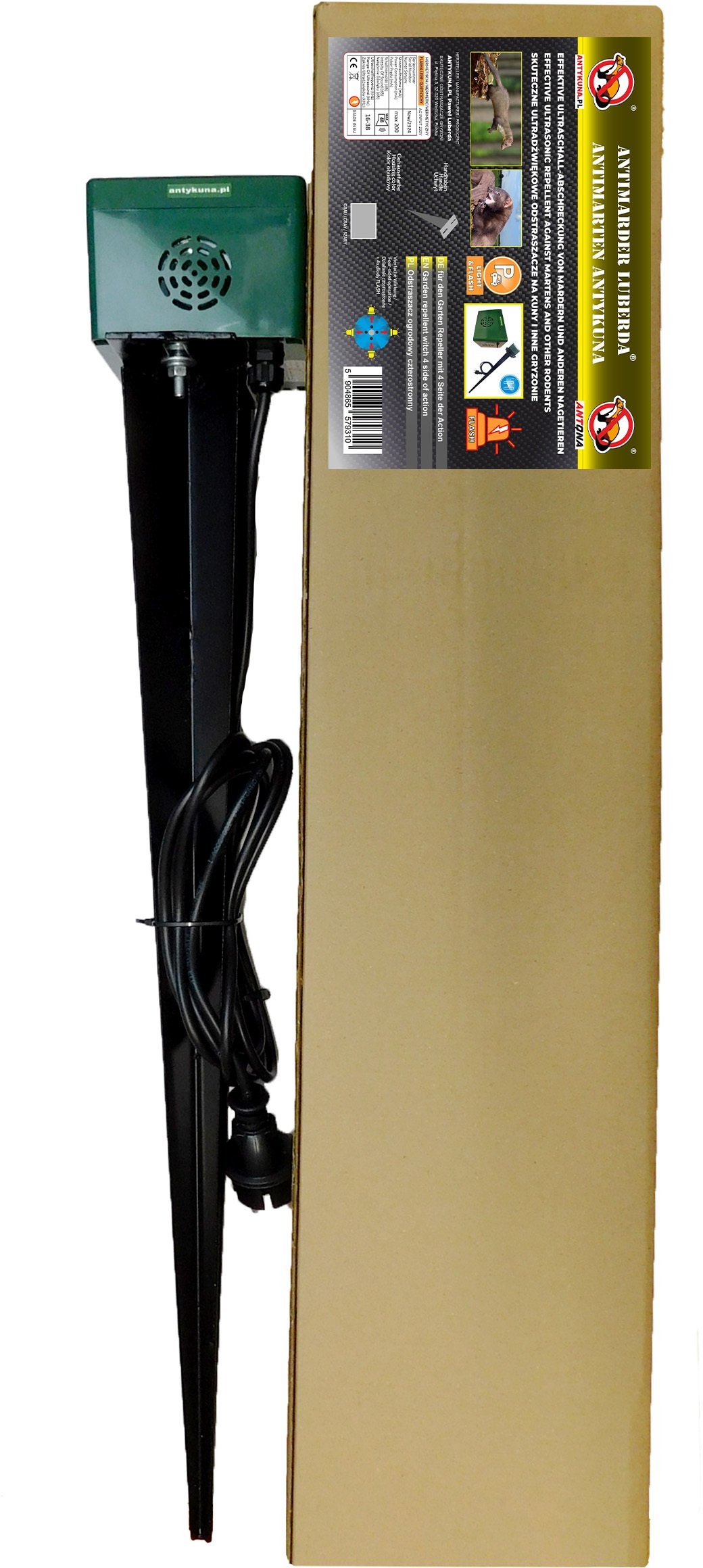 Antykuna.pl Odstraszacz CICHY LIGHT na KUNY/NORNICE/MYSZY/SZCZURY Hermetyczny Wbijany działa na 4 Strony Zasilanie 230V