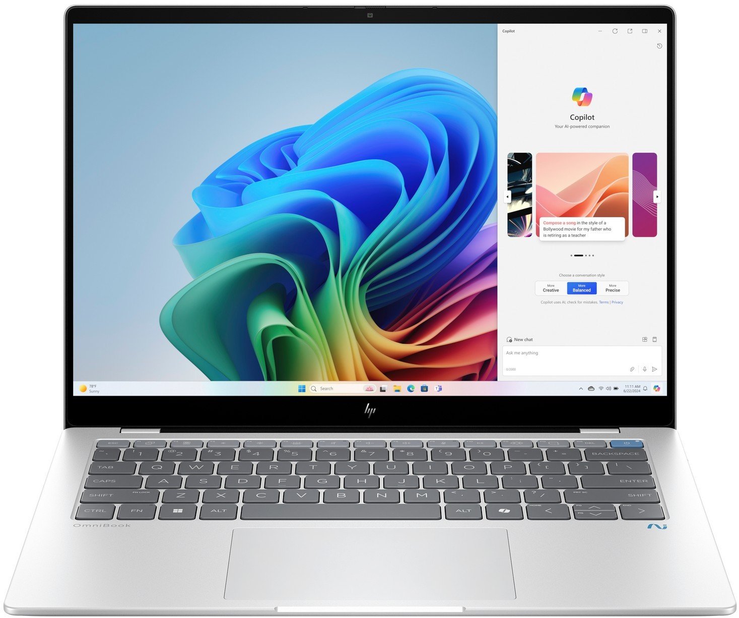 Laptop HP OmniBook X Copilot+ 14-FE1000 / BD3Y8U8 / Snapdragon X1E-78-100 / 16GB / SSD 512GB / 2,2k / Dotyk / Win 11 / Srebrny