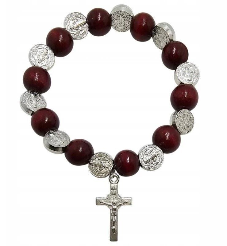 Różaniec Benedykt krzyż bordo na gumce