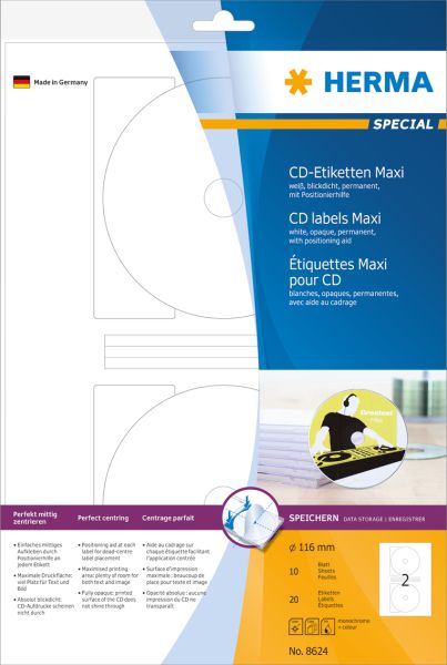 Herma Etykiety samoprzylepne Maxi 8624 na CD, białe, okrągłe, Ø 116 mm, papier matowy, 20 szt (8624)