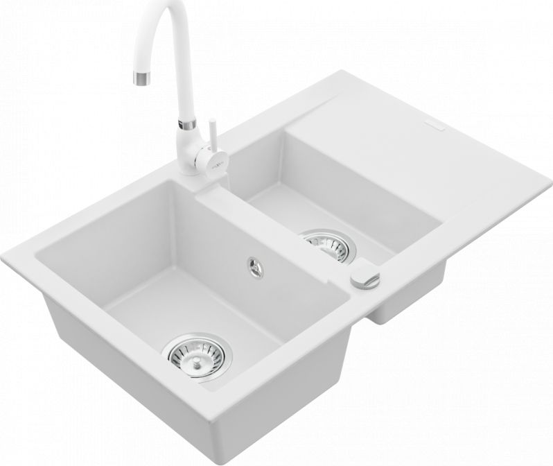 Zlewozmywak Mexen Mexen Gaspar zlewozmywak granitowy 1,5-komorowy z ociekaczem i baterią kuchenną Telma, biały - 6507-20-670200-20