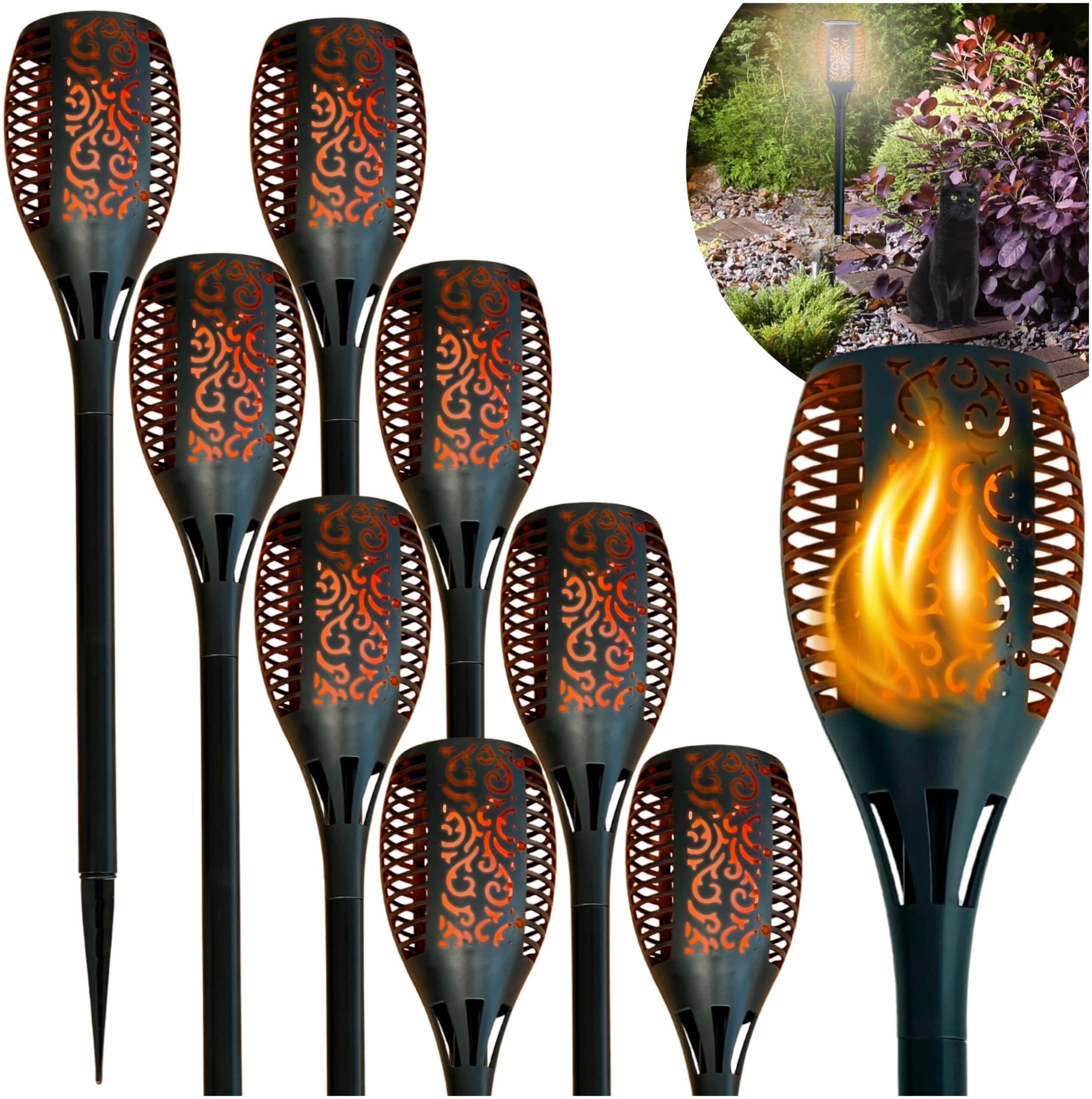 BLIXTAR Zestaw 8x Lampa Solarna Pochodnia 33 LED, Ogrodowa Wbijana Latarnia Płomień