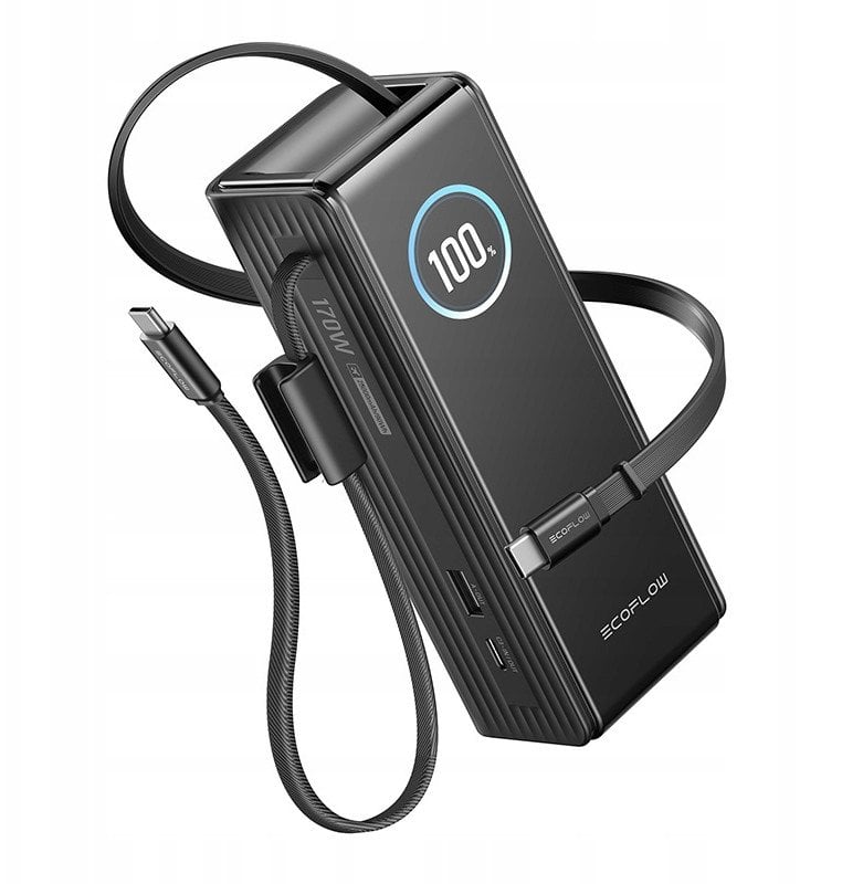 "EcoFlow RAPID Powerbank" 25000 mAh, 170 W (įmontuoti 100 W kabeliai).