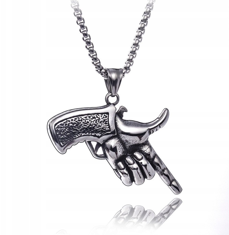 NASZYJNIK Srebrny Łańcuszek BROŃ RĘKA REWOLWER 355