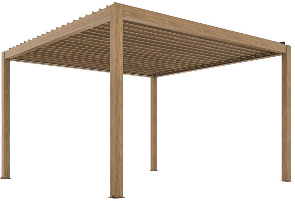 PERGOLA OGRODOWA ELEKTRYCZNA LUXE 4X4X2.5 M ALUMINIOWA Z OŚWIETLENIEM LED W KOLORZE DREWNA