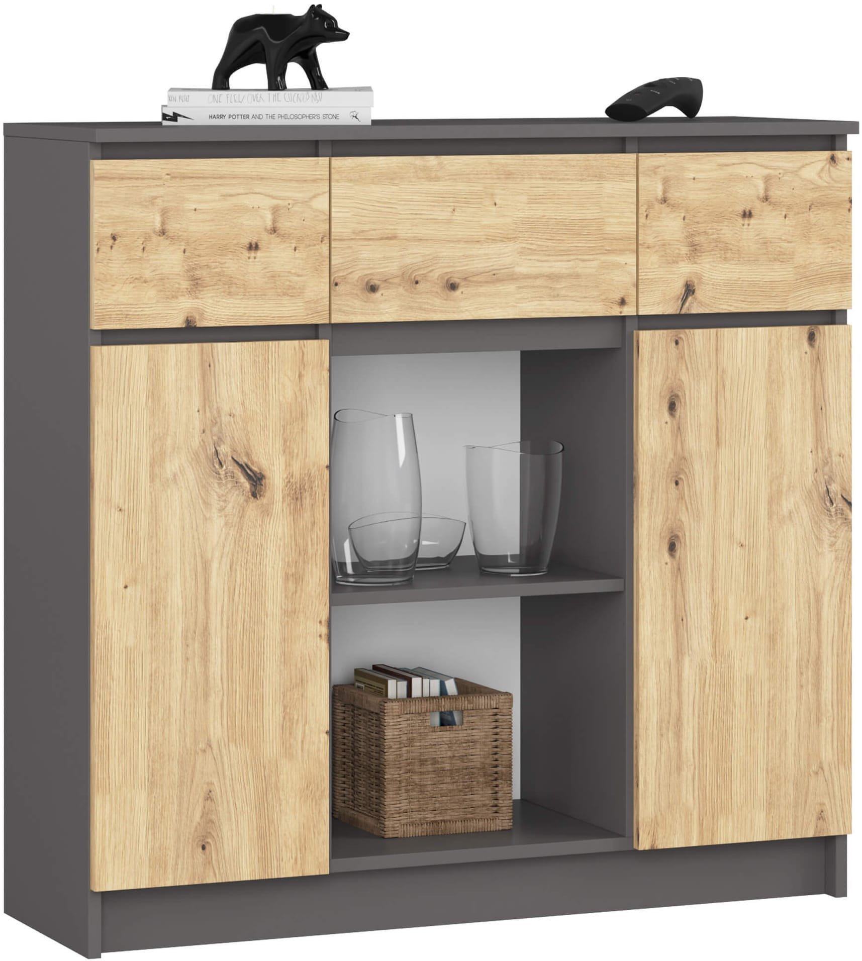 KOMODA K100 2D 3SZ 1P PK GRAFIT SZARY / DĄB ARTISAN