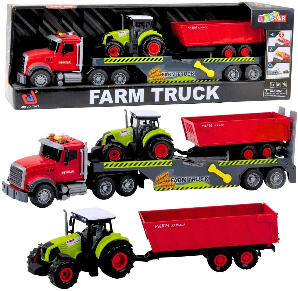 Zestaw Ciężarówka Traktor Z Przyczepą Światła Dźwięki Czerwona