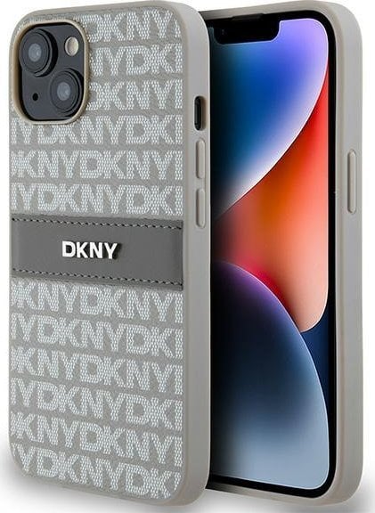 DKNY DKHCP14SPRTHSLE iPhone 14 / 15 / 13 6.1" beżowy/beige hardcase Leather Mono Stripe & Metal Logo