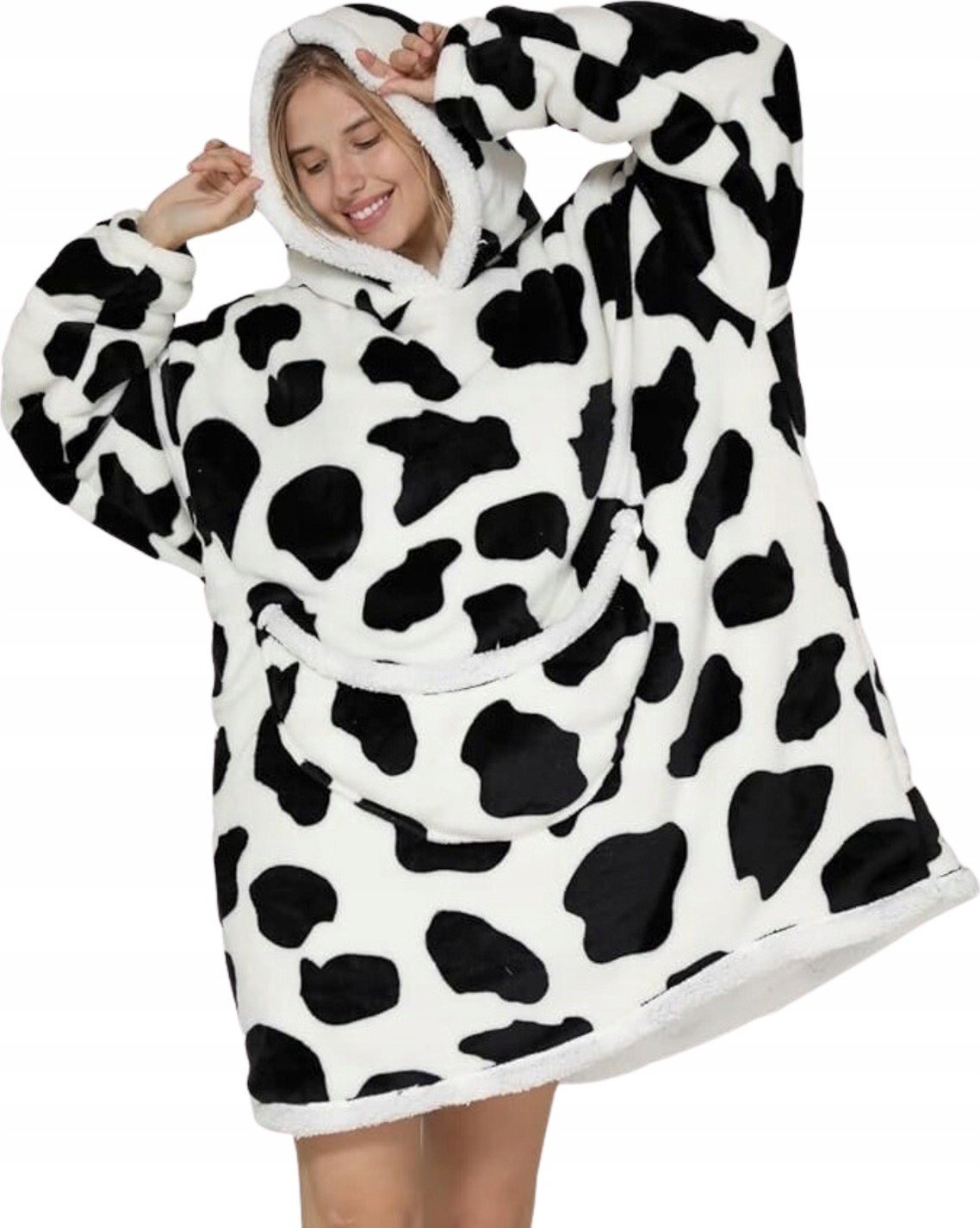 Bluza Pluszowa Z Kapturem Comfy Koc Oversize Ciepła Wzór Krowa