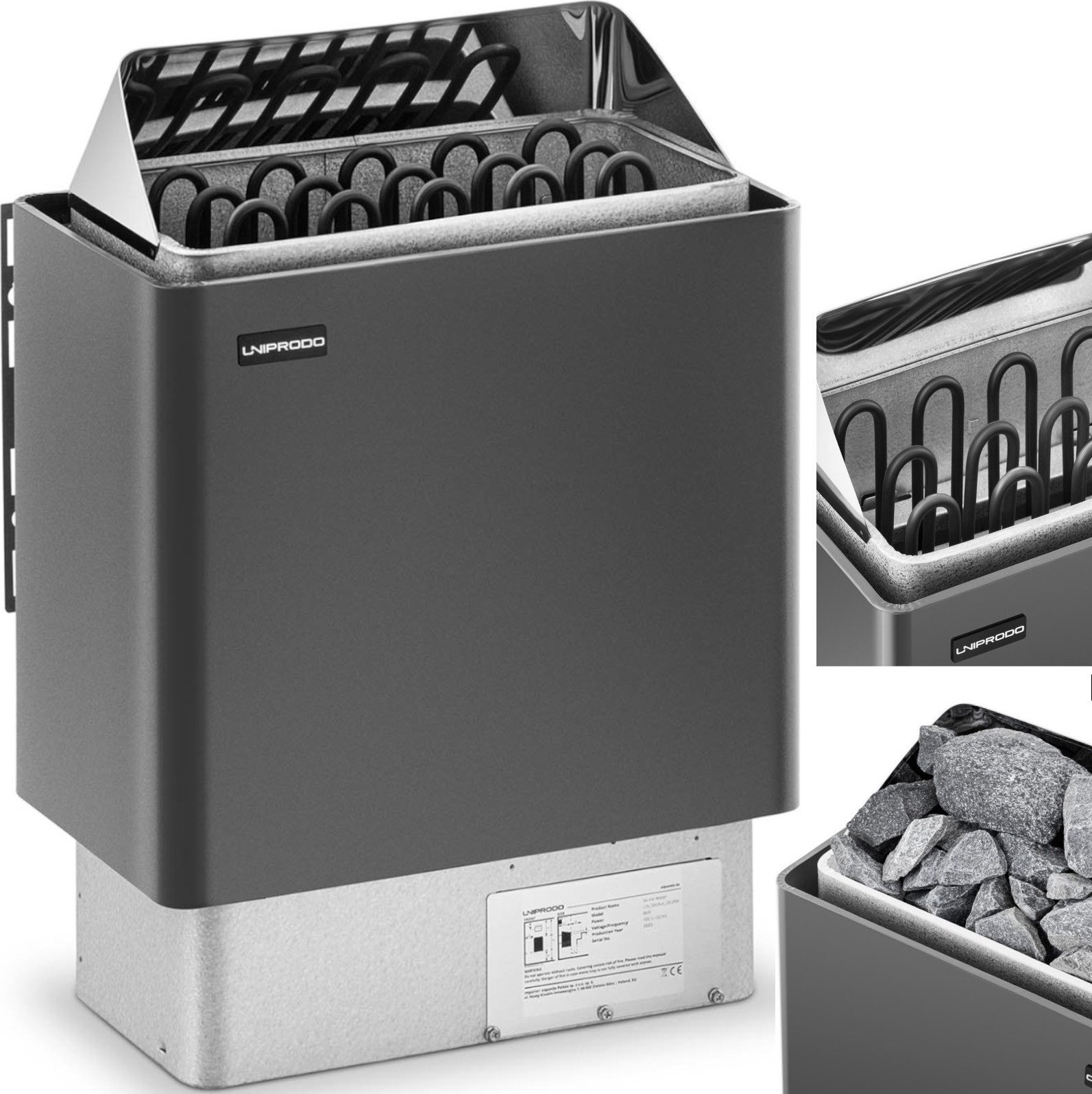 Uniprodo Piec do sauny elektryczny 8-12 m3 do 110C 400 V 8 kW czarno-srebrny