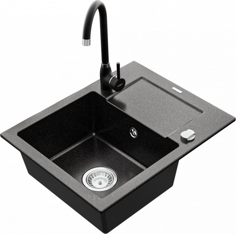 Zlewozmywak Mexen Mexen Enzo zlewozmywak granitowy 1-komorowy z ociekaczem i baterią kuchenną Telma, czarny/srebrny - 6506-73-670200-70