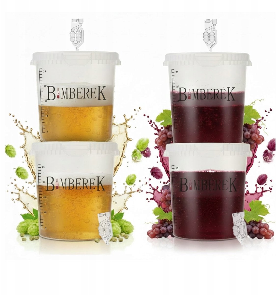 ZESTAW 4x POJEMNIKI FERMENTACYJNE 33l Z RURKĄ WIADRO BEZBARWNE WINO GĄSIOR