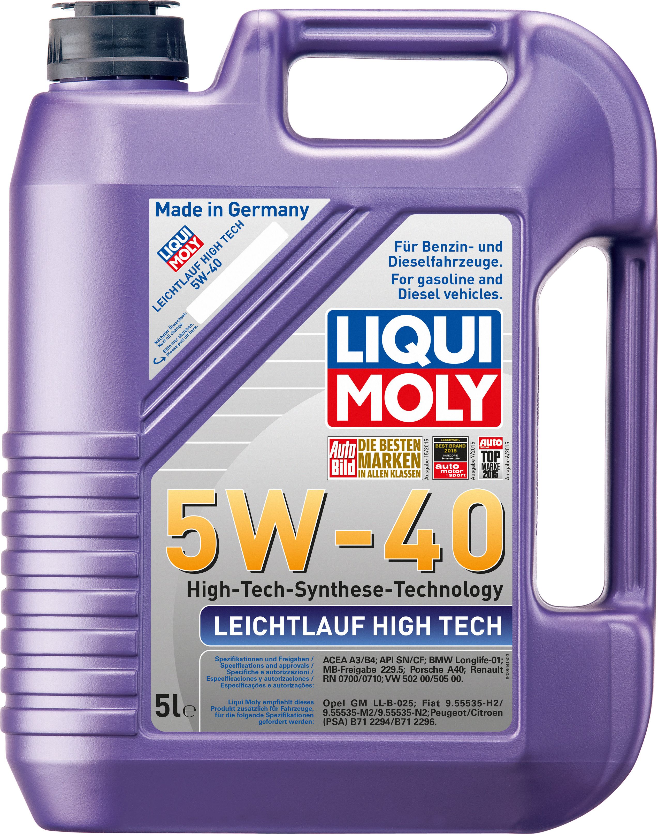 LIQUI MOLY OLEJ LIQUI MOLY 5W40 5L LEICHTLAUF HIGH TECH A3/B4 / SN/CF / 502.00 505.00 / 229.5 / LL01 / A40 / RN0700 710
