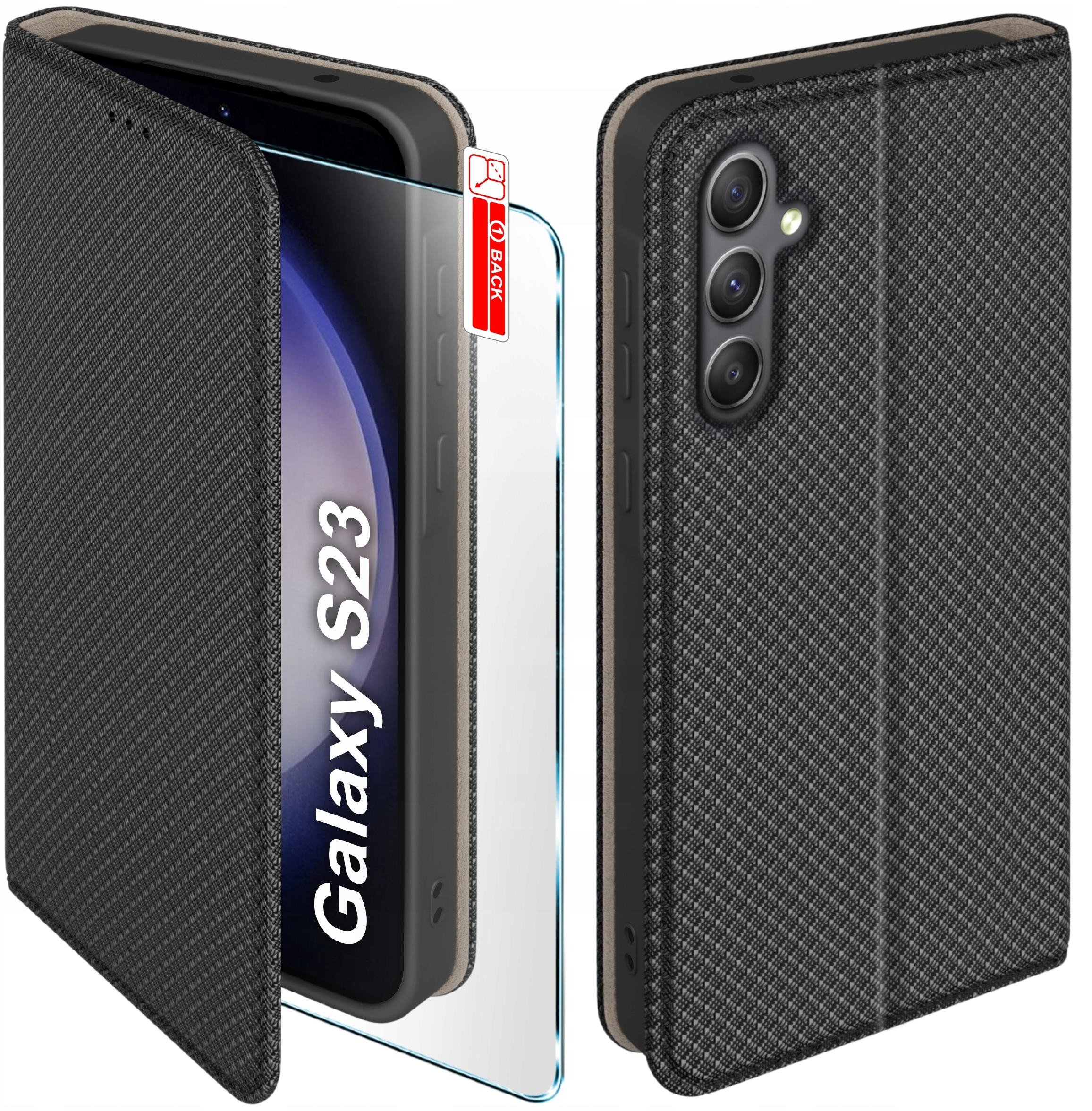 Etui z klapką do Samsung S23 Zamykane Czarne Futerał + Szkło 9H