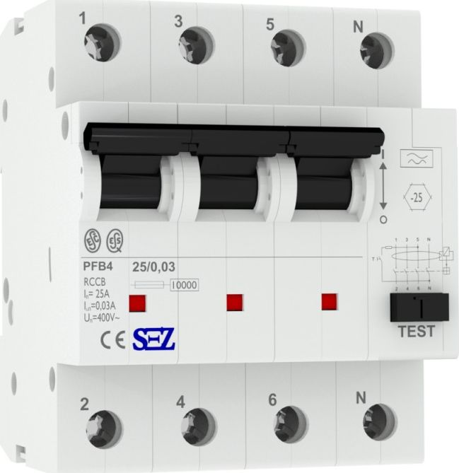 SEZ Krompachy 25A 30mA 4P 10kA TYP A Wyłącznik różnicowoprądowy PFB4 RCCB SEZ 5425