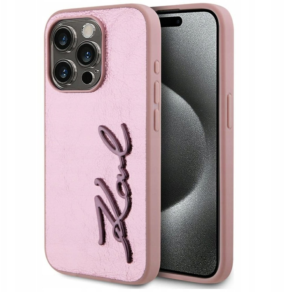 Karl Lagerfeld Etui Wrinkled Metal Signature do iPhone 15 Pro Max różowy