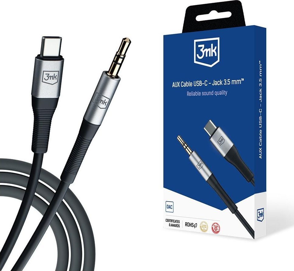 Kabel USB 3MK USB-C - mini Jack 3.5 mm Czarny-srebrny (AUX USB-C - Jack 3,5 mm)