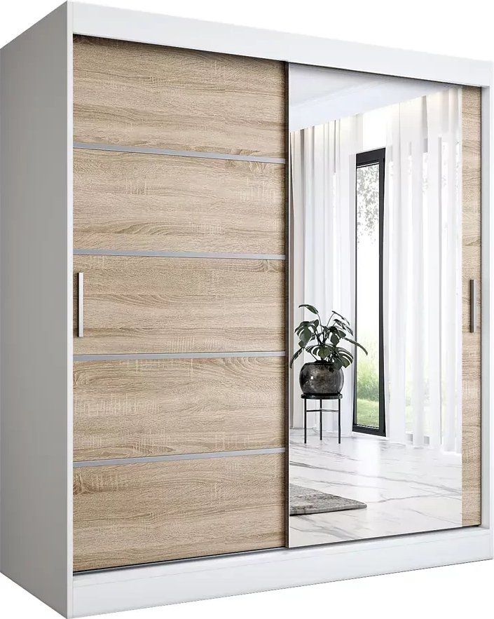 Elior Szafa przesuwna 180 cm biel + dąb sonoma - Lorenza 5X