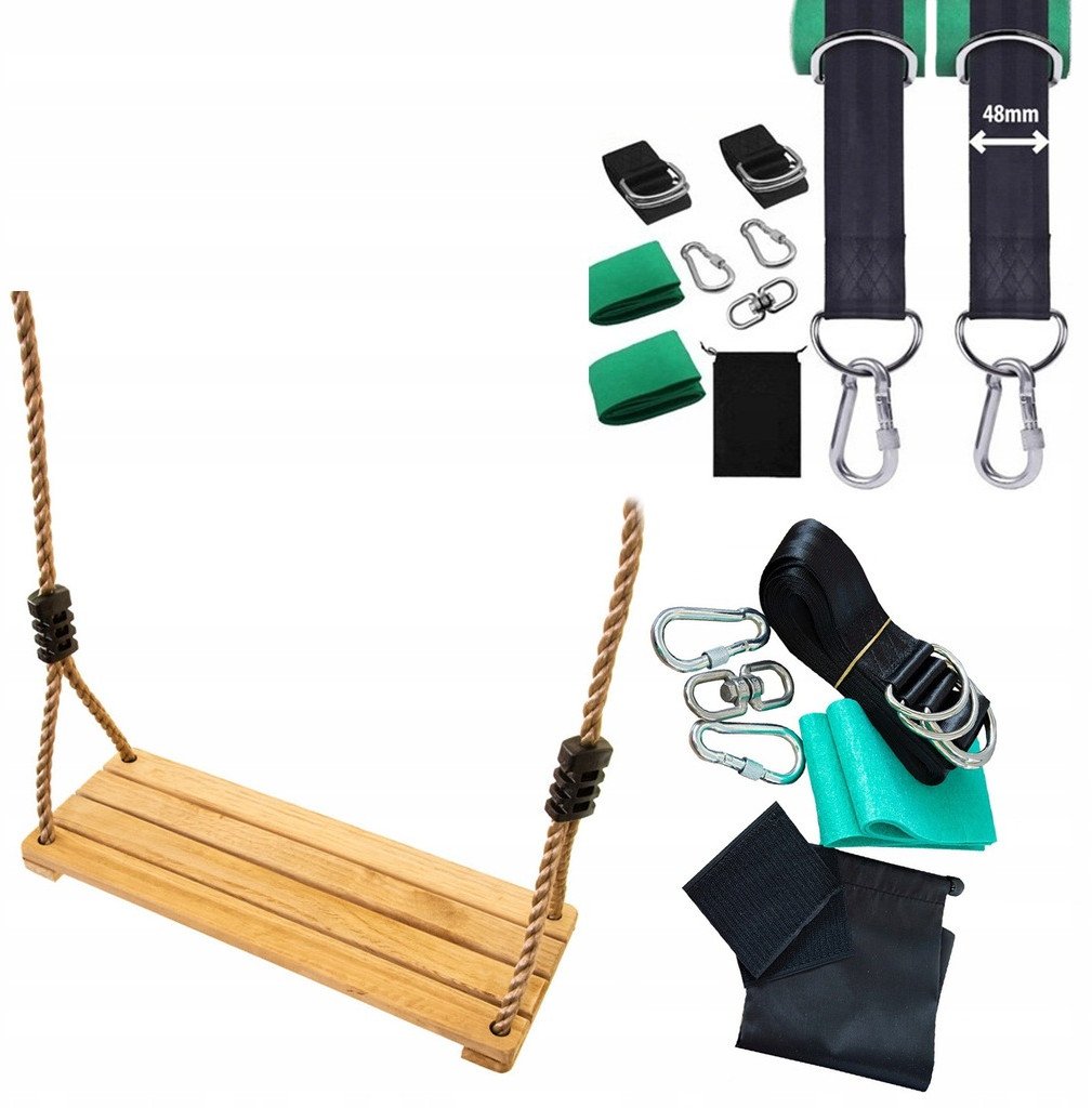 Drewniane Siedzisko Huśtawka na Plac Zabaw 38 cm pasy do zawieszenia zestaw