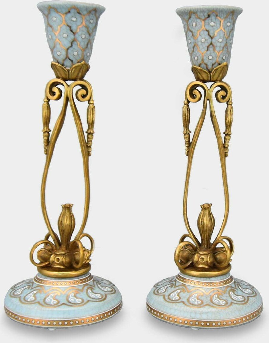 rzezbyzbrazu Porcelanowe Świeczniki w Stylu Art Nouveau okute Brązem
