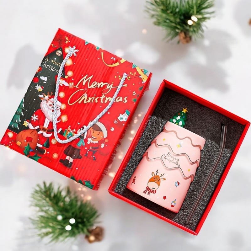 eCarla ECARLA Kubek świąteczny z silikonową pokrywką i rurką - różowy KB06R 400 ml