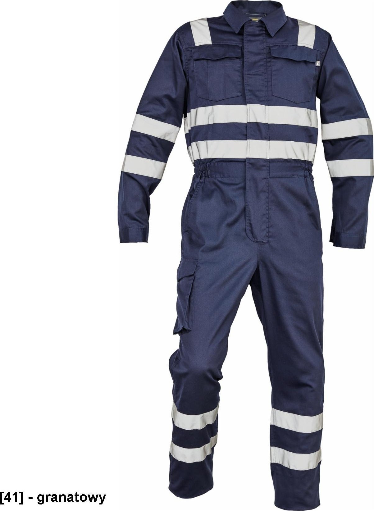 CERVA ZAMORA kombinezon roboczy z odblaskowymi taśmami i elastycznymi elementami bocznymi w talii - granatowy 50
