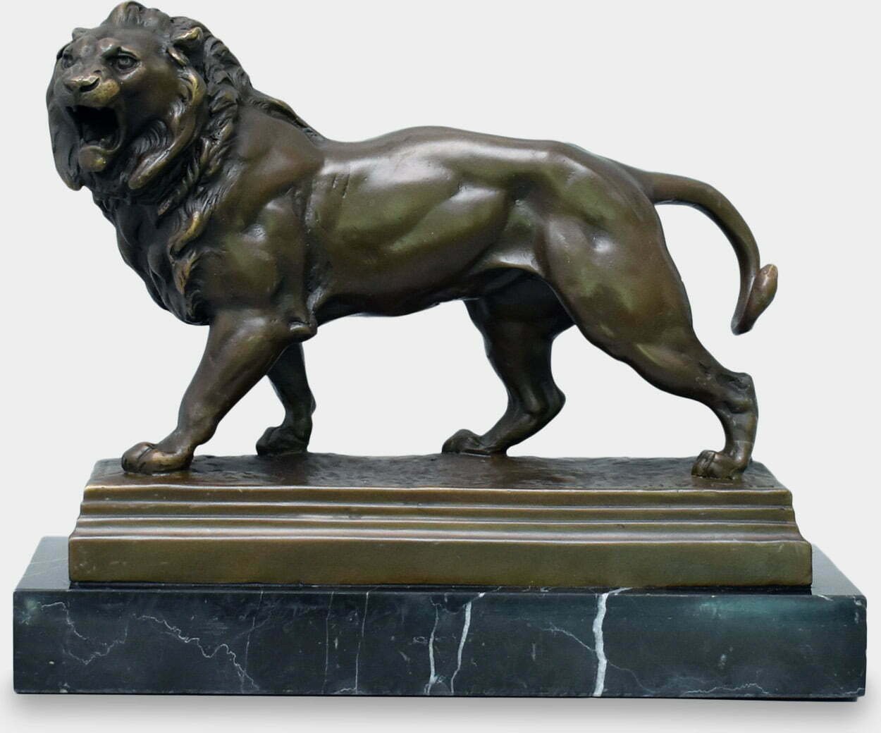 rzezbyzbrazu Ryczący Lew Rzeźba z Brązu na Marmurowej Podstawie