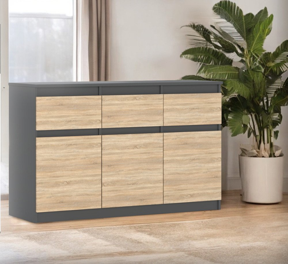 Komoda 3 Szuflady 120cm Nowoczesna Oleksa Sypialnia Salon Szara Dąb Sonoma
