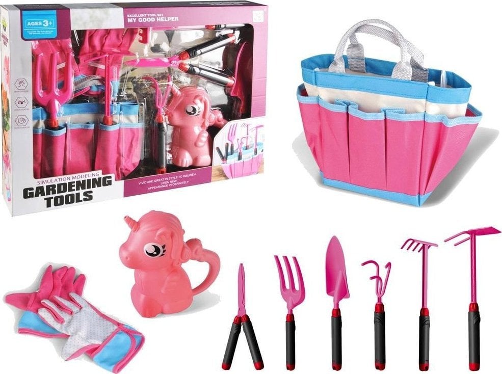 LeanToys Zestaw Ogrodowy Torba Narzędzia Rękawiczki Grabki Różowy Jednorożec