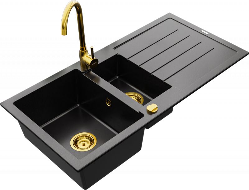 Zlewozmywak Mexen Mexen Andres zlewozmywak granitowy 1,5-komorowy z ociekaczem i baterią kuchenną Telma, czarny - 6515-77-670200-50