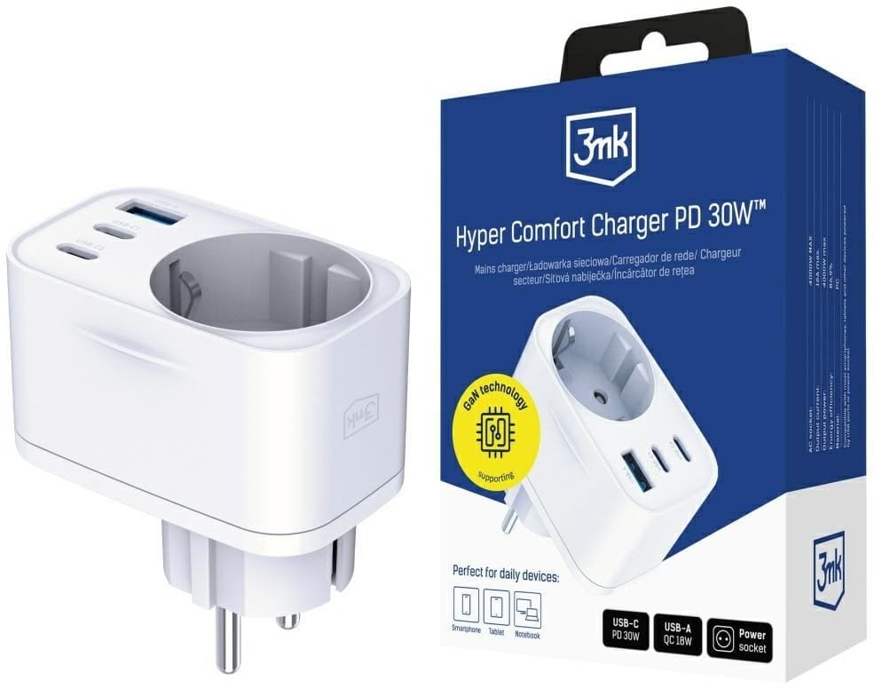 Adapter sieciowy 3MK Hyper Comfort Charger 30W 1xUSB-A 2xUSB-C 1xSchuko PD QC3.0 biały