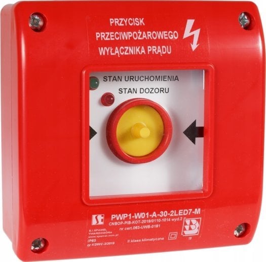 Spamel Ręczny przycisk p.poż wyłącznika prądu PWP1(1NO i 1NC)z młoteczkiem i z certyfikatem zielony/czerwony PWP1-W01-B-11-2LED11-M