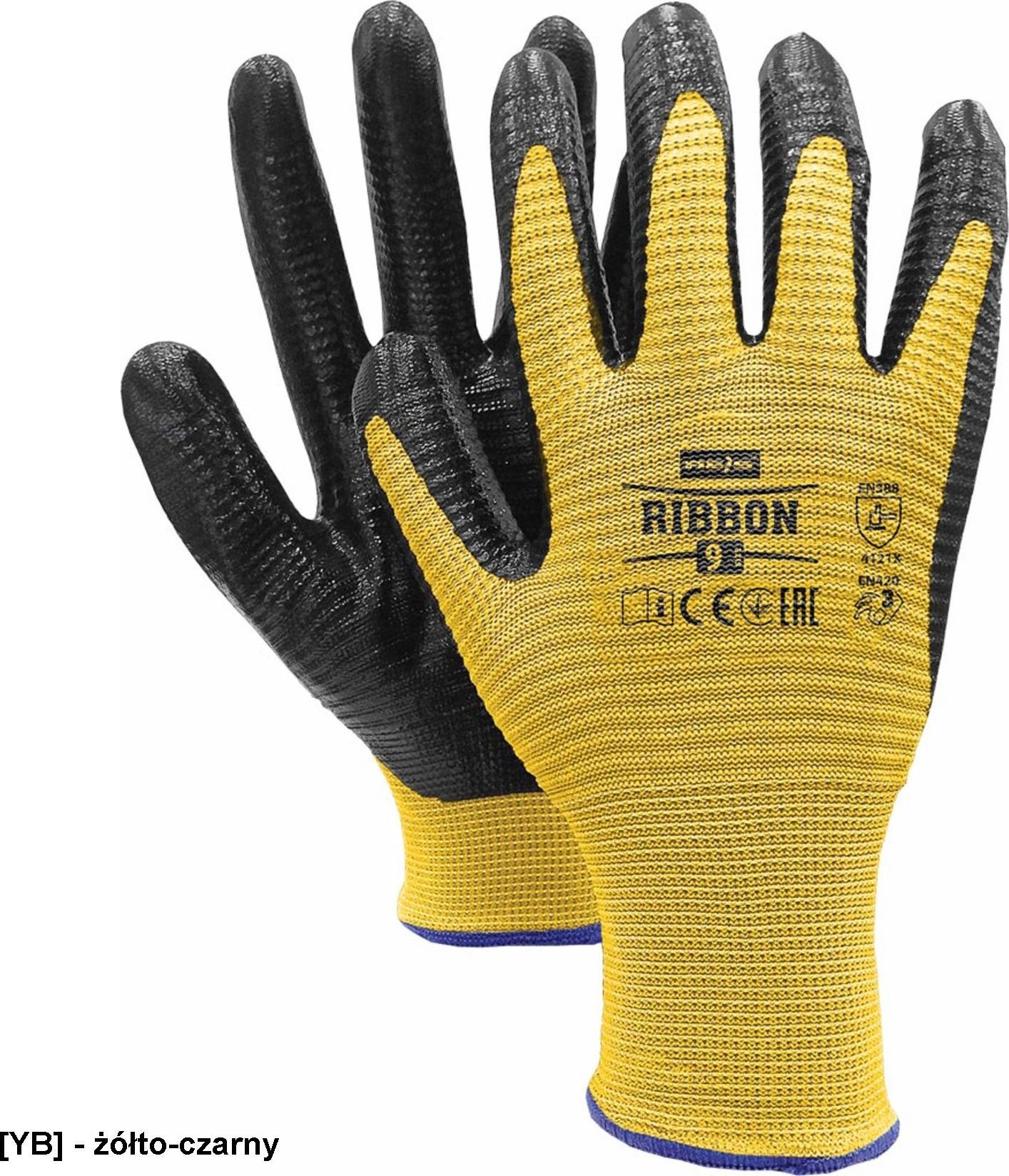 R.E.I.S. RIBBON - Rękawice ochronne wykonane z poliestru (ścieg 13), powlekane nitrylem - Żółto-czarny 10
